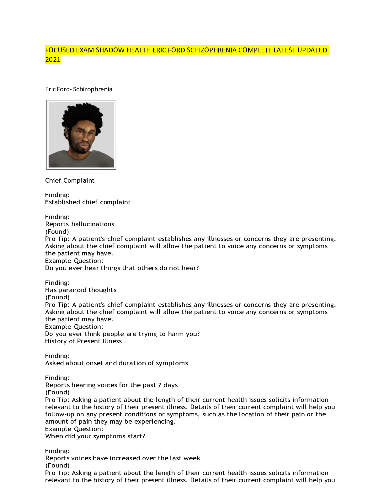 Preview image for FOCUSED EXAM SHADOW HEALTH ERIC FORD SCHIZOPHRENIA COMPLETE LATEST UPDATED 2021